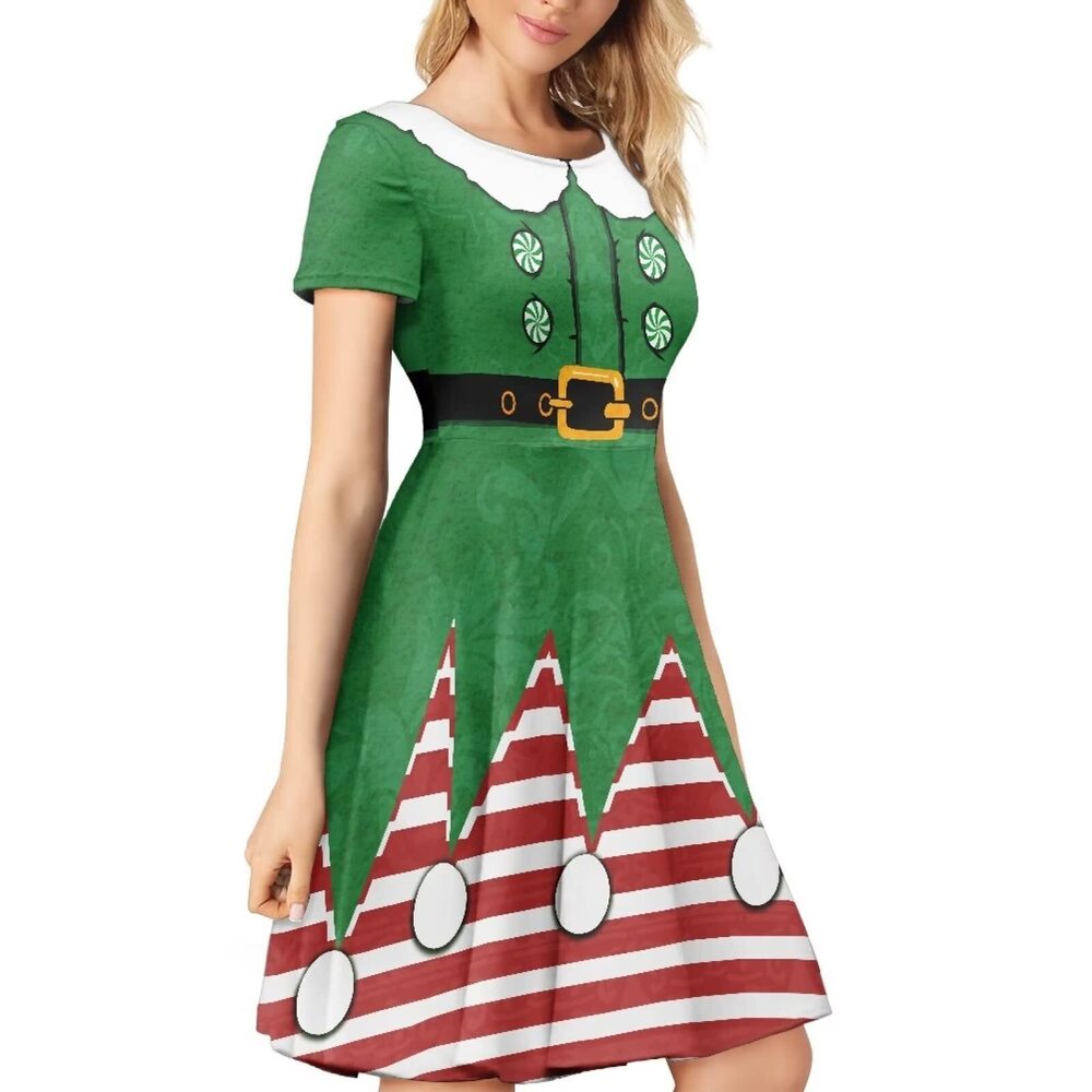 3436 Christmas Elf Dress Ugly Christmas Dresses Short Sleeve Midi Dress